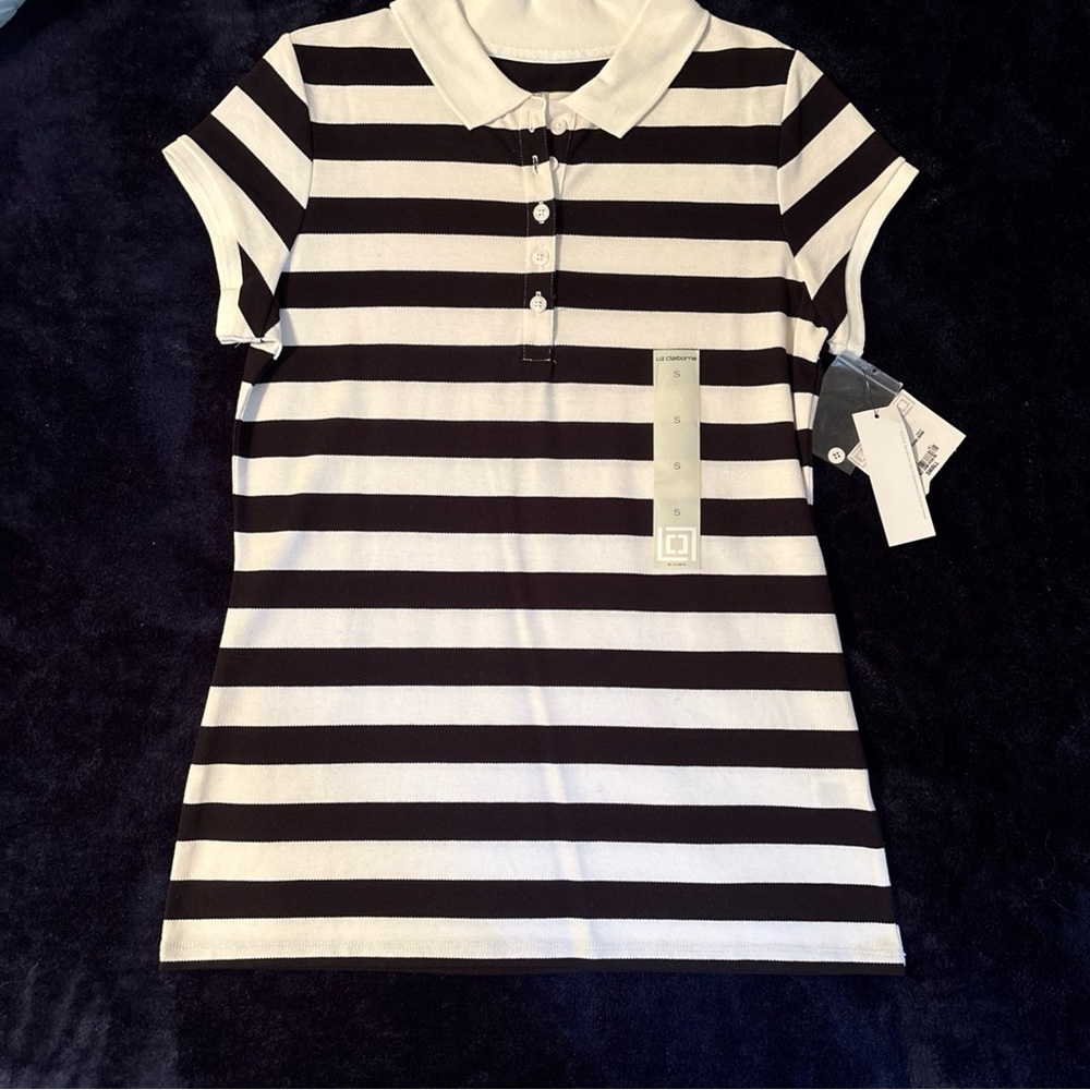 Liz Claiborne Small Stripped Navy and White Polo